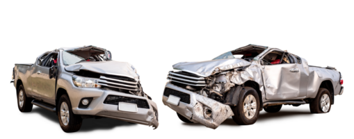 PNG formaat. reeks van terug en kant visie van grijs of bronzen oppakken auto krijgen beschadigd door ongeluk Aan de weg. beschadigd auto's na botsing. geïsoleerd Aan transparant achtergrond