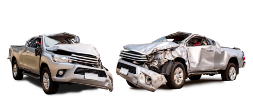 PNG format. Set of Back and side view of gray or bronze pickup car get damaged by accident on the road. damaged cars after collision. isolated on transparent background