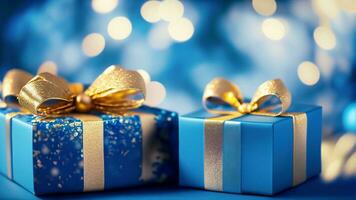 Blue Christmas gift boxes with gold bow on blue defocused holiday background. Ai Generative. photo