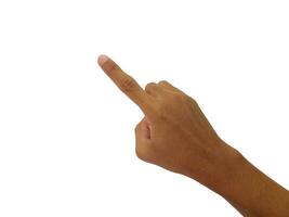 Man pointing at something on white background, closeup of hand photo