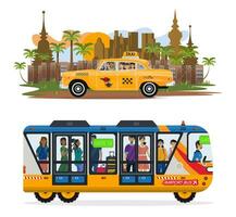 Collection of flat illustrations of trip on a taxi and bus shuttle. vector