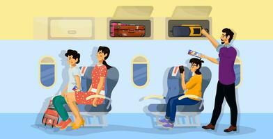 Vector flat illustration of passengers in a cabin of plane during the flight.