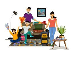 Vector illustration of happy family going to travel. Parents and their children packing suitcases.