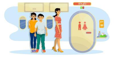 Vector flat illustration of passengers in a cabin of a plane in a queue to toilet during the flight.