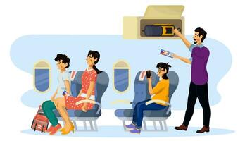 Vector flat illustration of passengers in a cabin of plane during the flight.