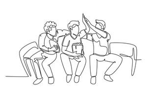 Single continuous line drawing young happy fans siting on sofa and watching their favorite club playing the match on the television. Fans club concept. One line draw graphic design vector illustration