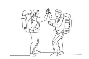 soltero continuo línea dibujo de dos joven contento turista que lleva mochila a Vamos a fiesta y da alto cinco gesto. mochilero de viaje. dinámica uno línea dibujar gráfico diseño vector ilustración