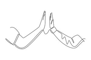 Single one line drawing two men giving high fives gesture hands wearing office clothes to celebrate success. Business teamwork concept. Modern continuous line draw design graphic vector illustration