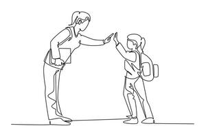 Single one line drawing female teacher meet one of her student at school and giving high five gesture. School education activity concept. Modern continuous line draw design graphic vector illustration