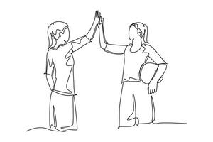 Continuous one line drawing two of young happy women giving high five gesture before playing basket ball at outfield court. Sport game competition. Single line draw design vector graphic illustration