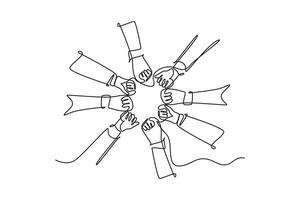 Single one line drawing of young happy people fist and join their hands together and create circle shape. Business team building concept. Modern continuous line draw design graphic vector illustration