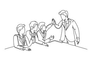 Single one line drawing group of businessmen celebrating their successive goal at the business meeting with high five gesture. Business deal concept. Continuous line design graphic vector illustration