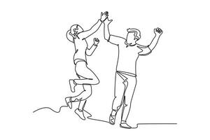 Continuous one line drawing young happy couple male and pretty female so happy, jumping give high five gesture together. Business teamwork concept. Single line draw design vector graphic illustration