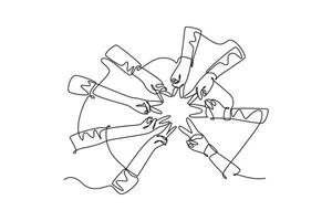 Single one line drawing young happy people join their hands together to show teamwork and unity and create circle shape. Team building concept. Continuous line draw design graphic vector illustration