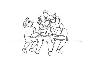 Single continuous line drawing young happy group fans siting on sofa and watching their favorite club playing the match on the television. Fans club. One line draw graphic design vector illustration