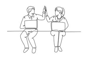 Continuous one line drawing of young happy couple business man and business woman opening their laptop and giving high five gestures. Business teamwork. Single line design vector graphic illustration