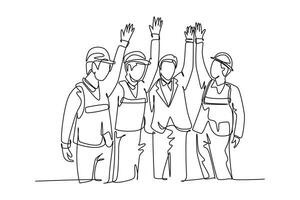 Single one line drawing construction workers and foreman with vest and helmet celebrate their successive build. Building construction concept. Continuous line draw design graphic vector illustration