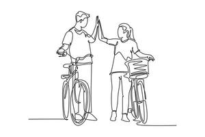 Continuous one line drawing young happy couple male and female take walk with bicycle at outfield park, giving high five gesture. Relationship concept. Single line design vector graphic illustration