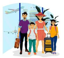 Vector flat illustration with happy smiling family in airport which go on holiday.
