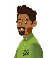 Vector flat illustration of avatar black taxi driver on white isolated background.