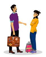 Father with his happy daughter going to summer holiday. Vector illustration of single parent.