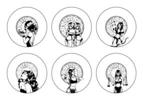 Set of monochrome symbols, icons with astrological signs and romantic beauty women. Zodiac symbols. vector