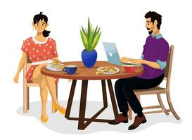 Vector cartoon illustration of happy family at the table on white isolated background.