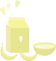 Illustration with a yellow package of milk or yogurt, a bowl and bananas on the table in flat png