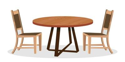 Vector flat illustration of wooden table and two chairs on white backdrop.