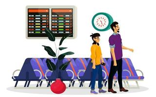 Vector flat illustration of waiting room or hall and passengers family with priority pass in airport