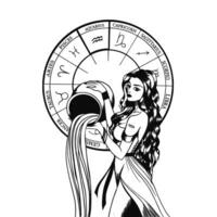 Hand drawn illustrations and silhouettes of monochrome arts of astrological signs and beauty women. vector