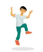 Vector flat illustration of happy child jumping on white background.