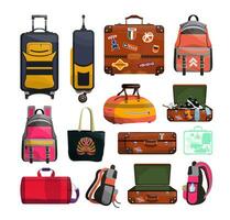 Collection of baggage and luggage objects. Retro and modern suitcases, backpacks, bags, handbags. vector