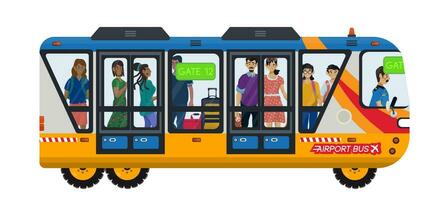 Vector flat illustration of airport shuttle with passengers which going to go fly on a plane.