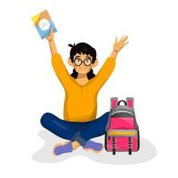 Vector illustration of happy girl with a backpack and notebook going to school on white background.