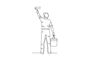 A man paints while holding a paint bucket vector