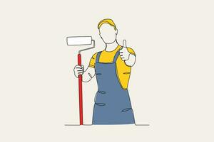Color illustration of a painter holding a roller while giving a thumbs-up vector