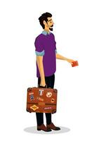 Vector cartoon illustration of man hipster character in airport on white background.