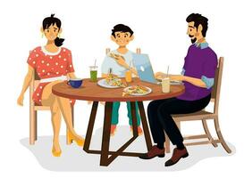 Vector cartoon illustration of happy family at the table on white isolated background.