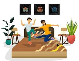 Vector flat illustration of happy children enjoying jump on a bed in a hotel, apartment or flat.