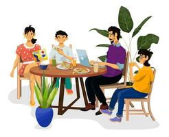 Vector cartoon illustration of happy family at the table on white isolated background.