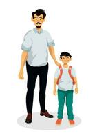 Father with his happy son going to summer holiday. Vector illustration of single parent.