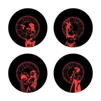 Set of monochrome symbols, icons with astrological signs and romantic beauty women. Zodiac symbols. vector