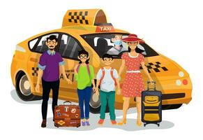 Vector illustration of happy family which going to go on a taxi on holiday.