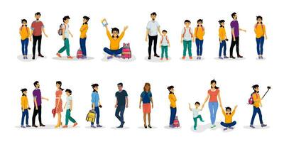 Collection of people and characters. Situations happy family. School children. Parents and children. vector