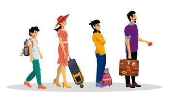 Vector cartoon illustration of queue in airport or railway station. Family concept.