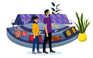 Vector flat illustration of baggage reclaim with waiting family on white isolated background.