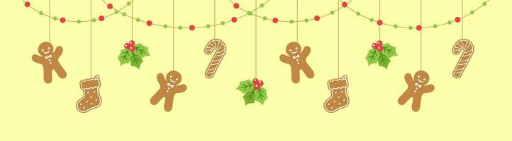 Merry Christmas Border Banner, Hanging Gingerbread Cookies and Mistletoe Garland. Winter Holiday Season Header Decoration. Biscuits in Festive Shapes Template. Vector illustration.