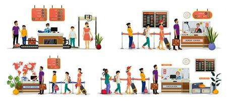 Set of vector flat illustrations of security, passport, border control desk and check-in-desk.