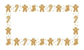 Rectangle Gingerbread Cookies Frame Border, Christmas Winter Holiday Graphics. Homemade sweets pattern, card and social media post template on white background. Isolated vector illustration.